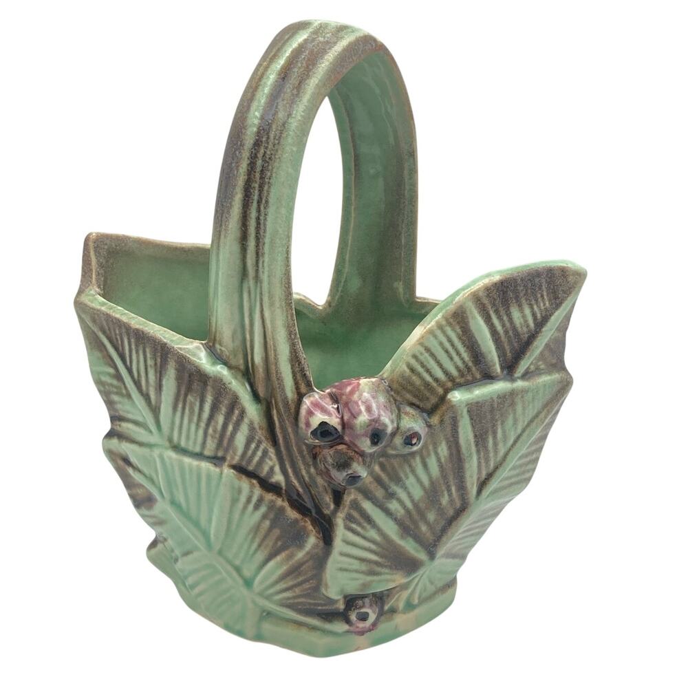 VTG McCoy Pottery Art Handled Basket Leaves and Berries Vase Planter Brown Green